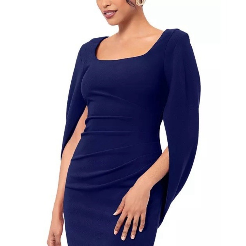 Aqua Navy Blue Cape Sleeve Sheath Dress